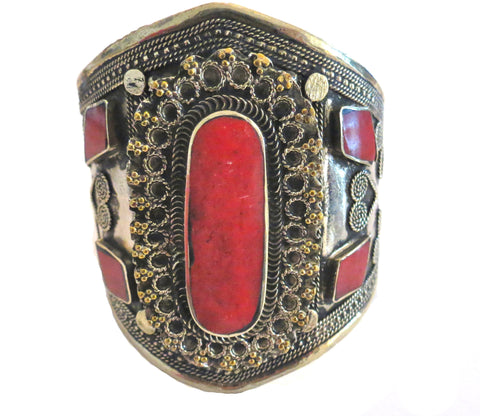 Silver Cuff Bracelet with Coral Inlay