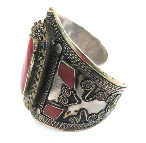 Silver Cuff Bracelet with Coral Inlay
